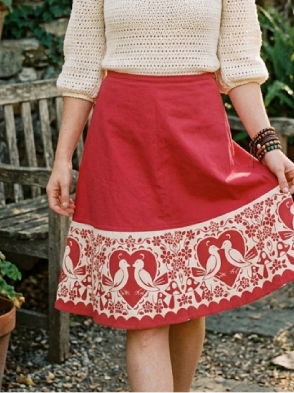 Made with Love by Hannah Folk Art Birds & Mushrooms Skirt Red 1XL Cottagecore